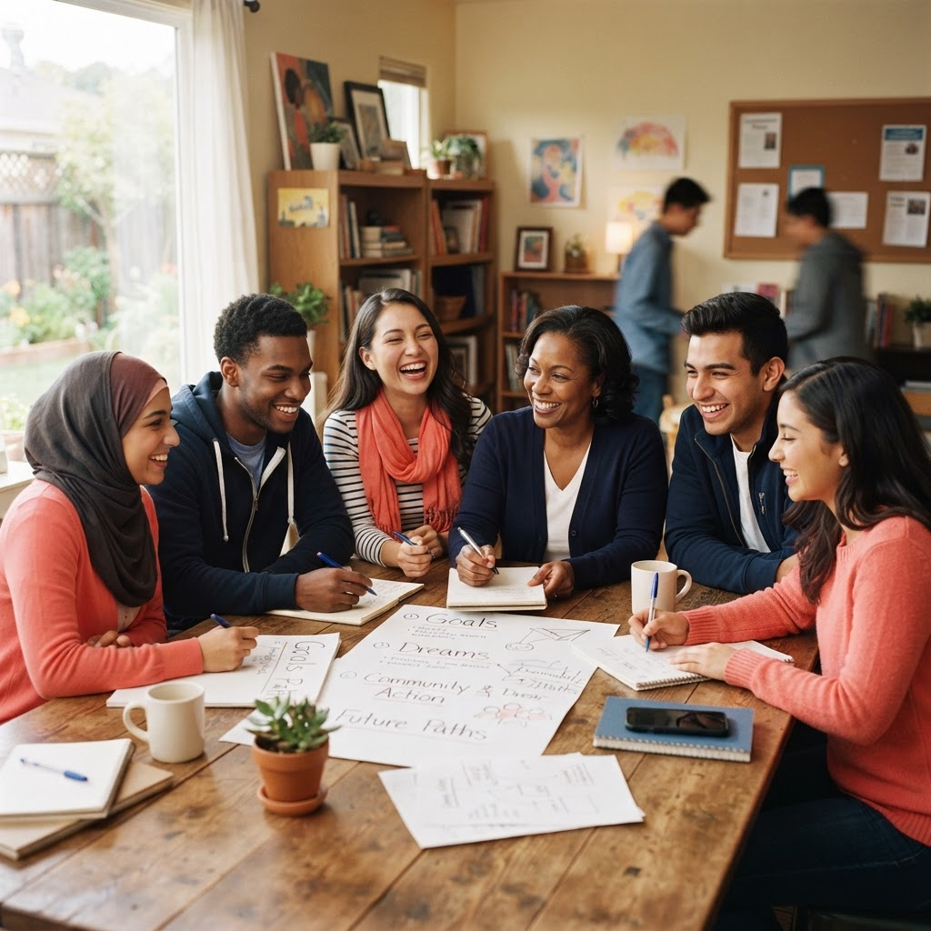A mentor and young adults collaborating in a community classroom
